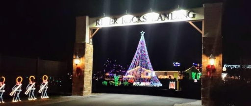 River Rocks Landing RV Park entrance with holiday lights.